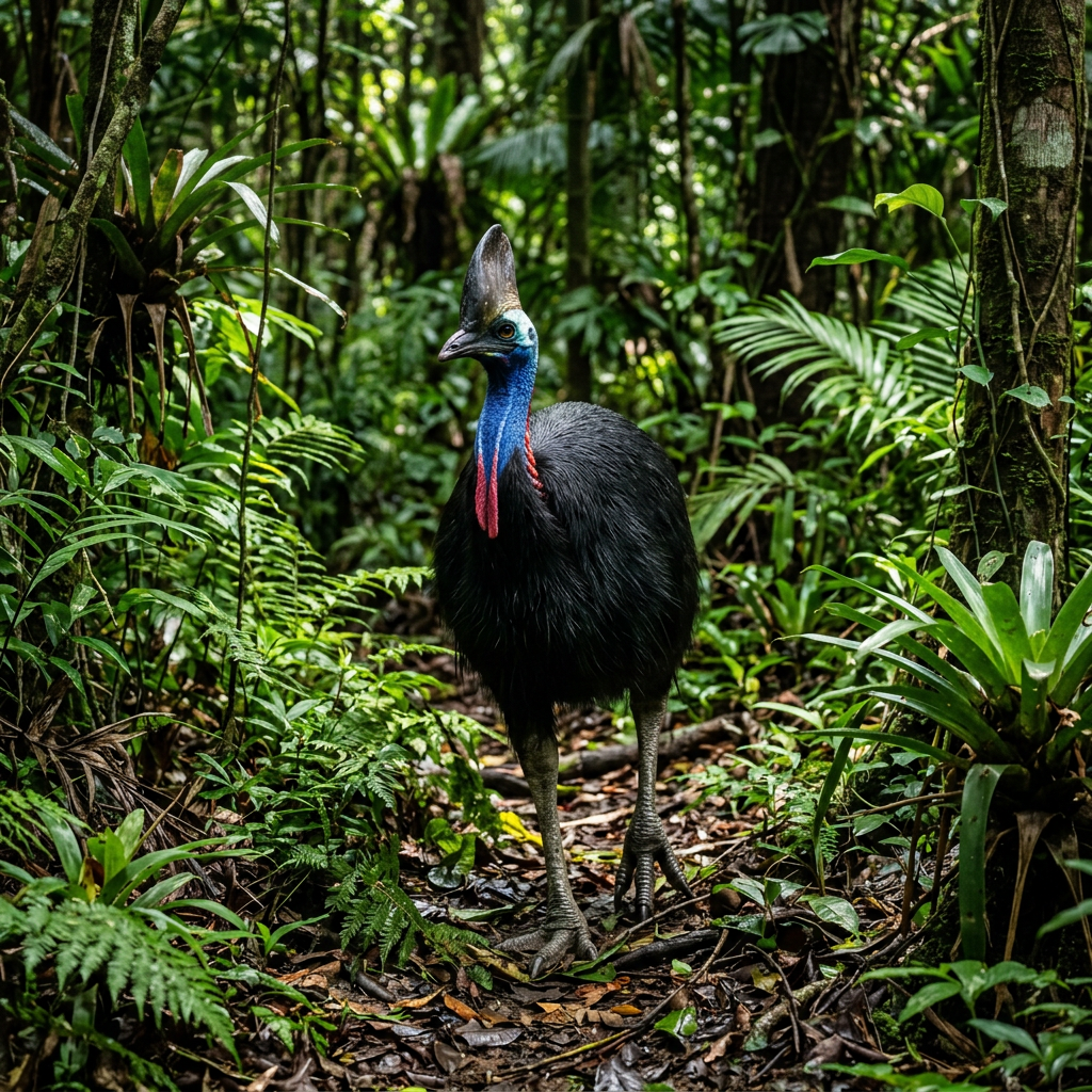 A cassowary bird with a blue neck and casque on its head walking through a dense tropical rainforest