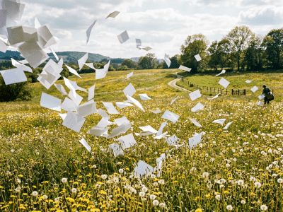 White sheets of paper flying over a field of yellow and white wildflowers