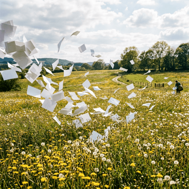 White sheets of paper flying over a field of yellow and white wildflowers