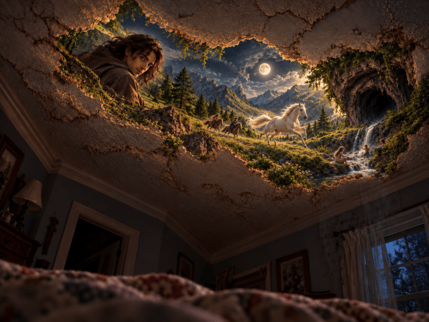 A surreal painting on a ceiling depicting a fantasy landscape with a young person looking out towards a moonlit scene featuring mountains, a waterfall, a unicorn, and figures on horseback.