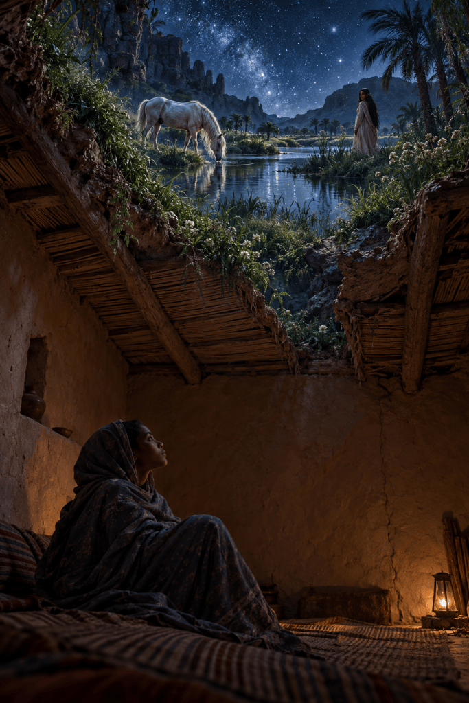 A woman in traditional attire sits inside a rustic room, gazing up towards a magical landscape above. The scene reveals a starry sky with a white horse drinking from a serene lake, surrounded by lush greenery and palm trees.