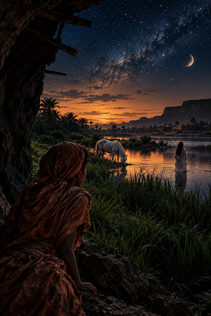 A woman in traditional attire gazes from a rocky outcrop at a serene landscape featuring a river, a white horse drinking water, and a person standing in the river. The background showcases a vibrant sunset with stars and a crescent moon in the sky.