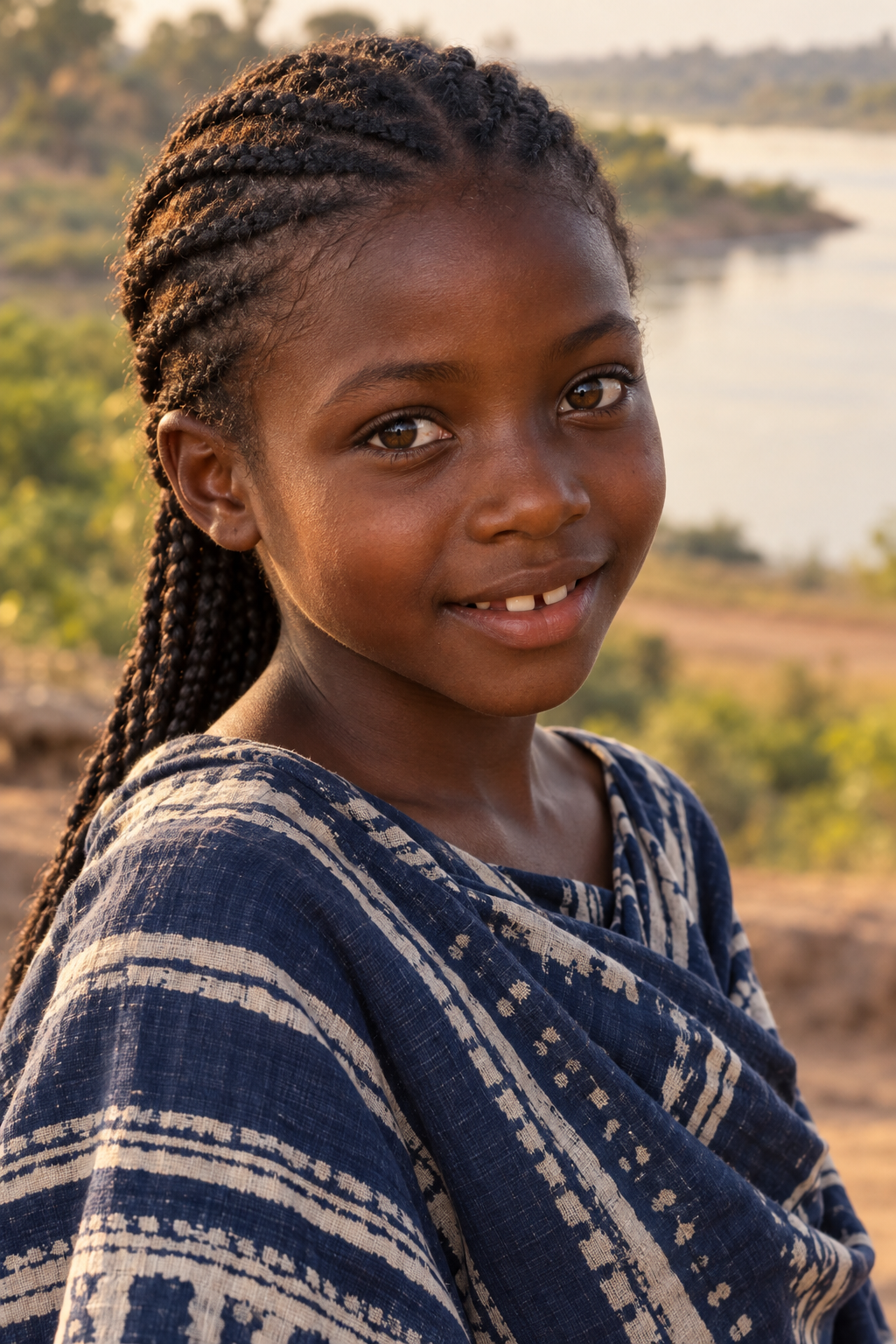 Aïssata at ten, with neat braids and a gentle, gap-toothed smile.