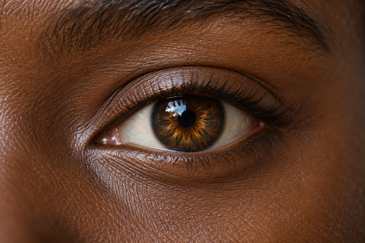 A brown eye with fine amber starburst markings around the pupil.