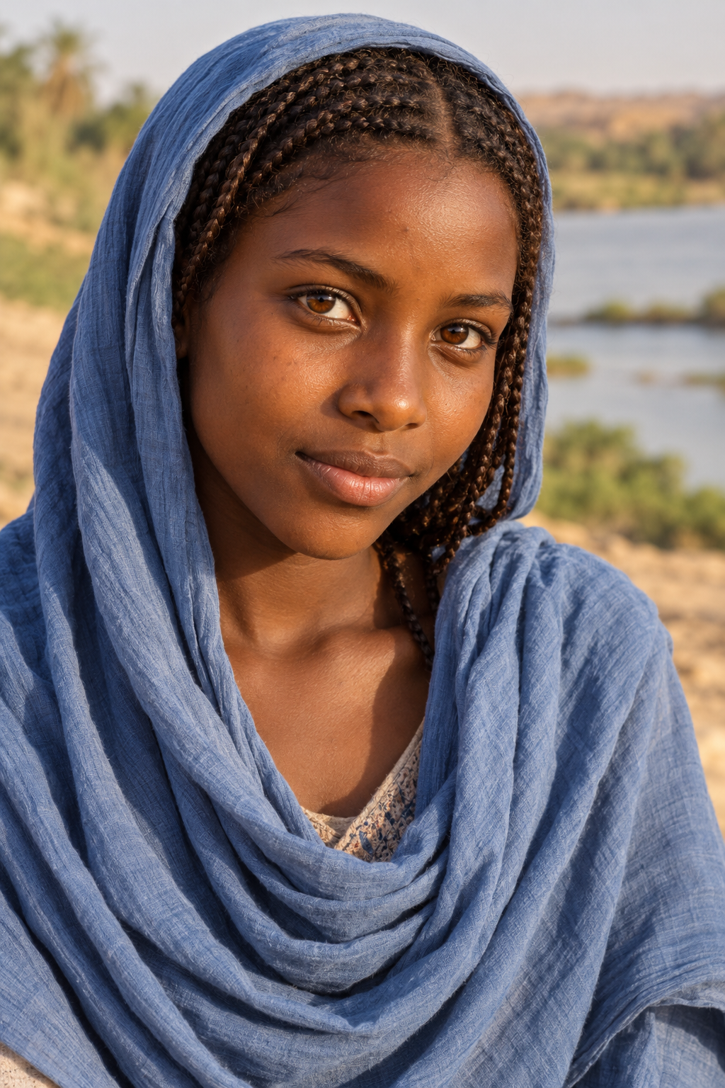 Malika at fifteen, wearing a blue head covering and looking thoughtfully toward the viewer.