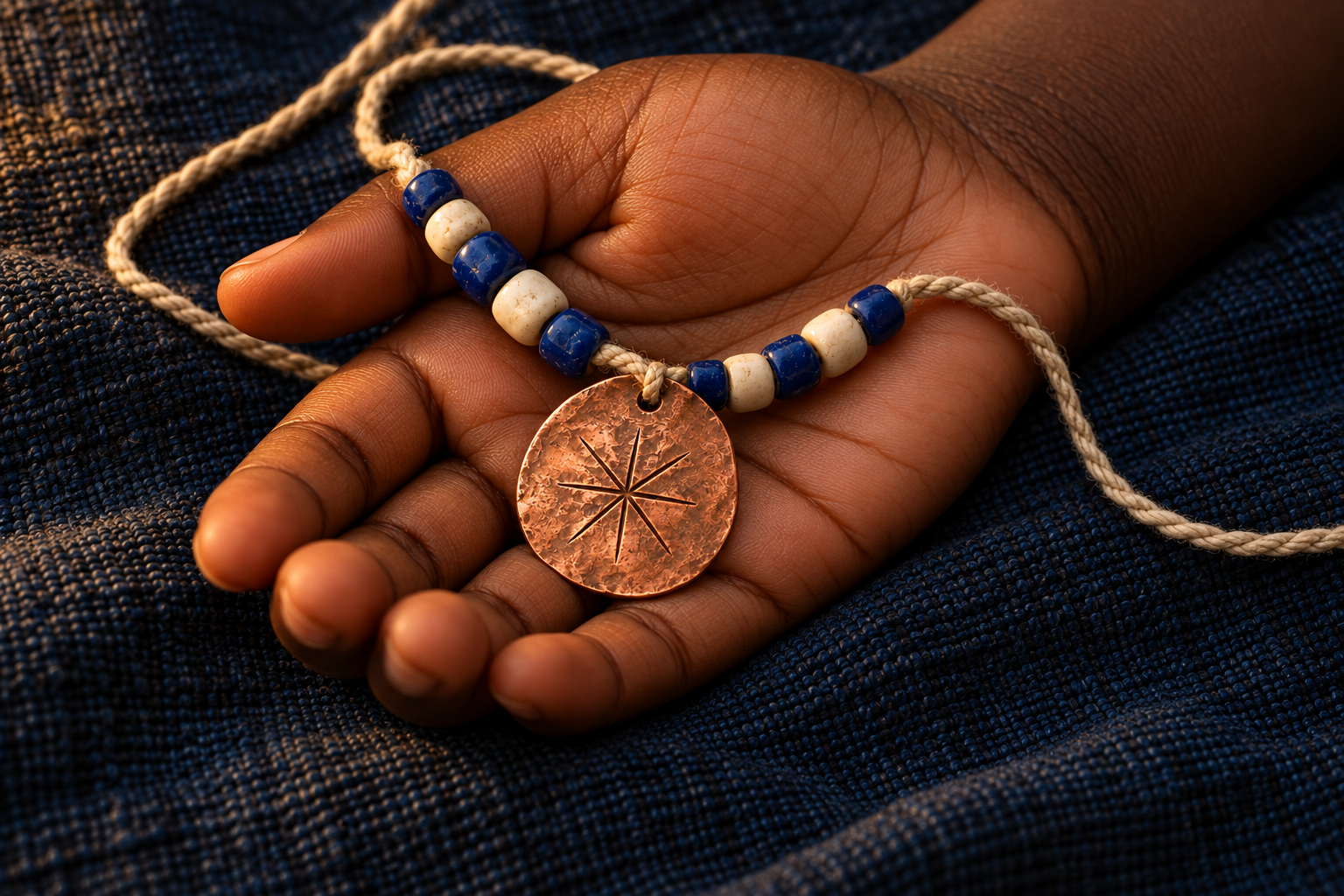 The copper star pendant resting in a child’s open palm.