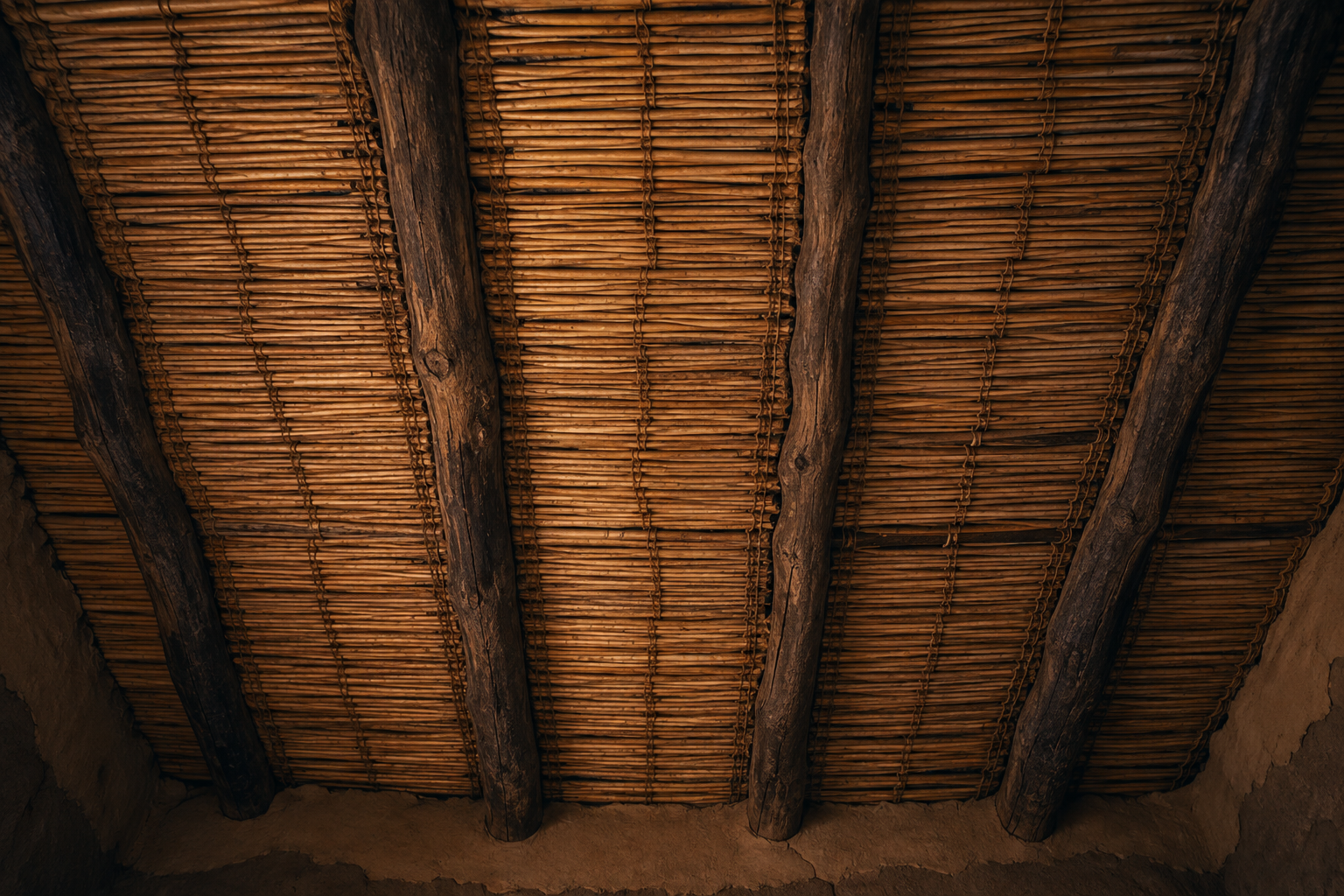 A ceiling of woven reeds and wooden beams.