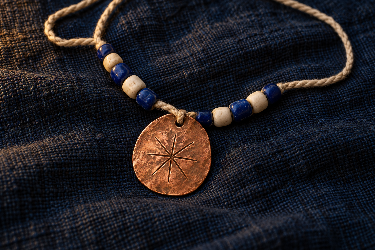 A copper pendant scratched with an eight-point star, threaded onto cotton cord with blue and white beads.