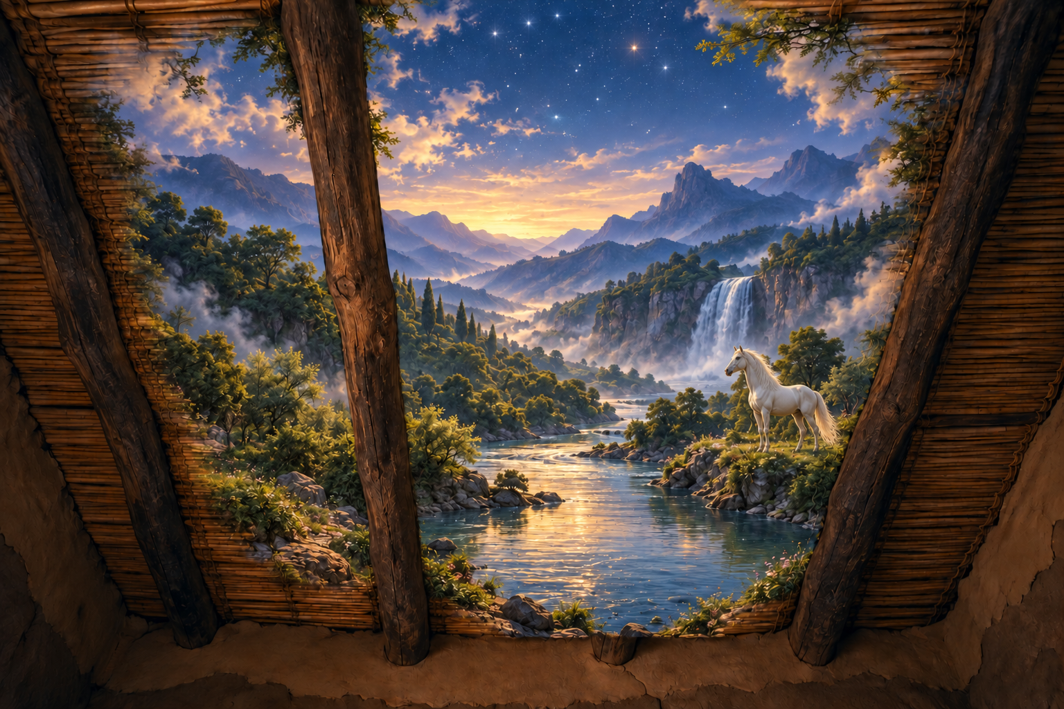Storymere: a river, waterfall, mountains, and a white horse beneath the stars.