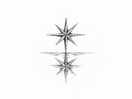 A stylized compass rose with eight points, reflected on a smooth surface.