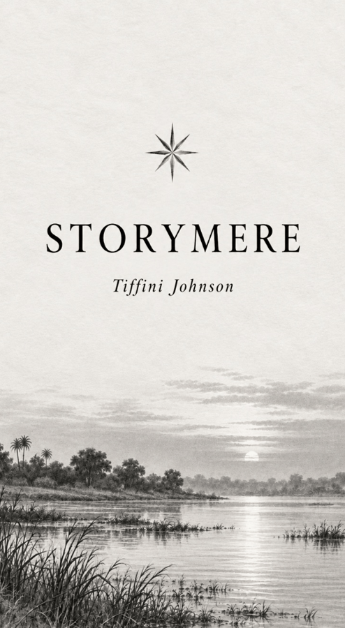 Book cover for 'Storymere' by Tiffini Johnson, featuring a tranquil landscape with a river and sunset, surrounded by trees and grasses.